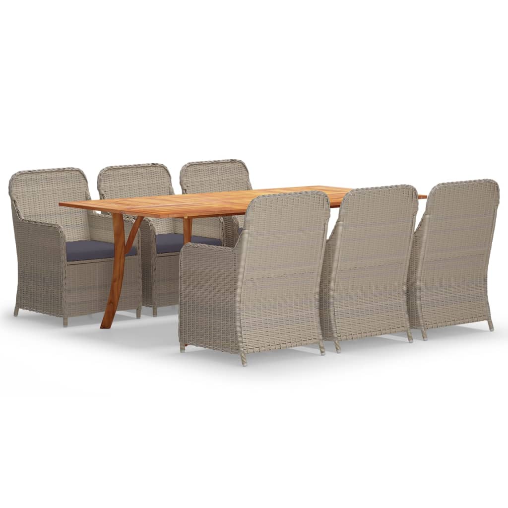 Set mobilier de gradina cu 7 piese masa cu fotolii cu perna sezut, vidaXL, Ratan-Lemn masiv de acacia finisaj ulei, 201,5 x 100 x 75 cm, Maro