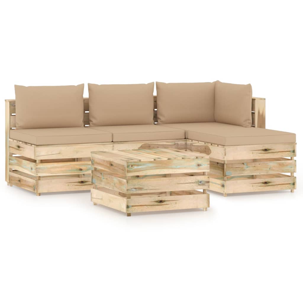 Set mobilier de gradina canapea L cu masuta si perne 5 piese, vidaXL, Lemn de pin verde tratat, Maro/Perne bej