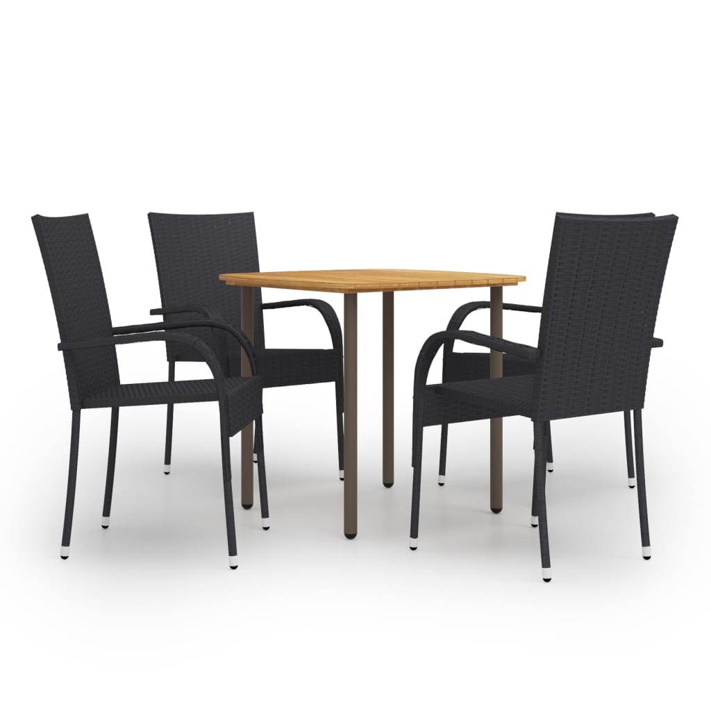 Set mobilier de gradina masa cu scaune 5 piese, vidaXL, Ratan-Lemn masiv acacia-Otel, 80 x 80 x 72 cm, Negru