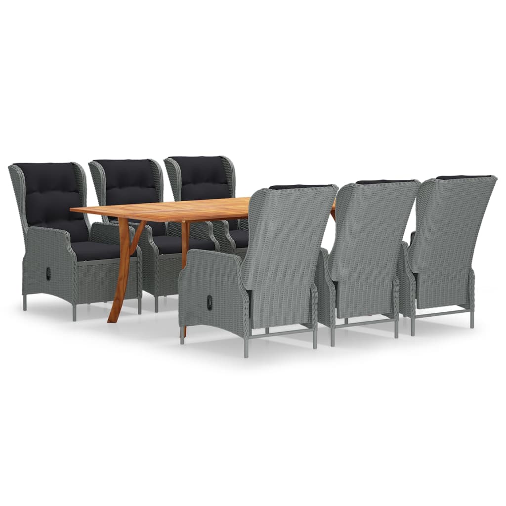 Set mobilier de gradina 7 piese masa cu fotolii cu spatar rabatabil, vidaXL, Ratan-Lemn, 201,5 x 100 x 75 cm, Gri deschis