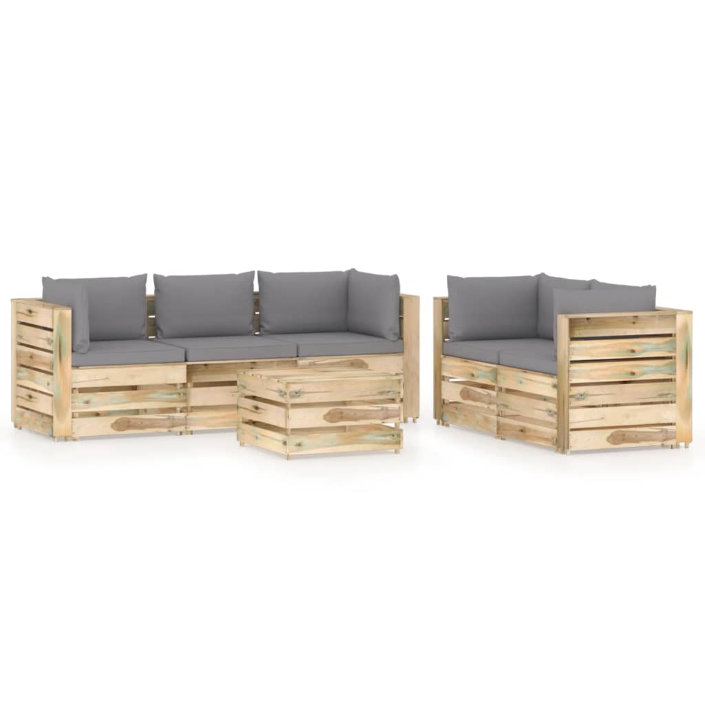 Set mobilier de gradina canapele cu spatar masuta si perne 6 piese, vidaXL, Lemn de pin verde tratat, Maro/Perne gri deschis
