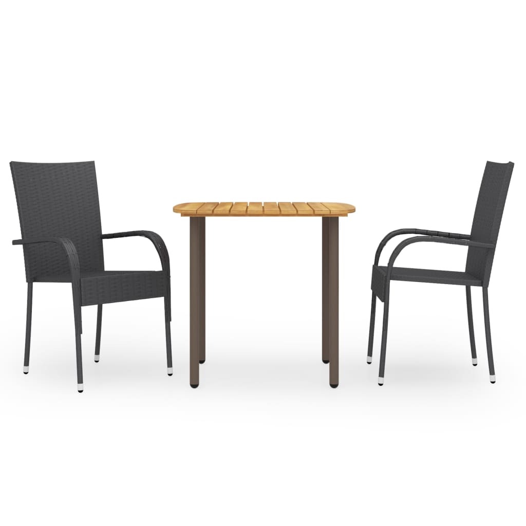 Set mobilier de gradina masa cu scaune 3 piese, vidaXL, Ratan-Lemn masiv acacia-Otel, 80 x 80 x 72 cm, Negru