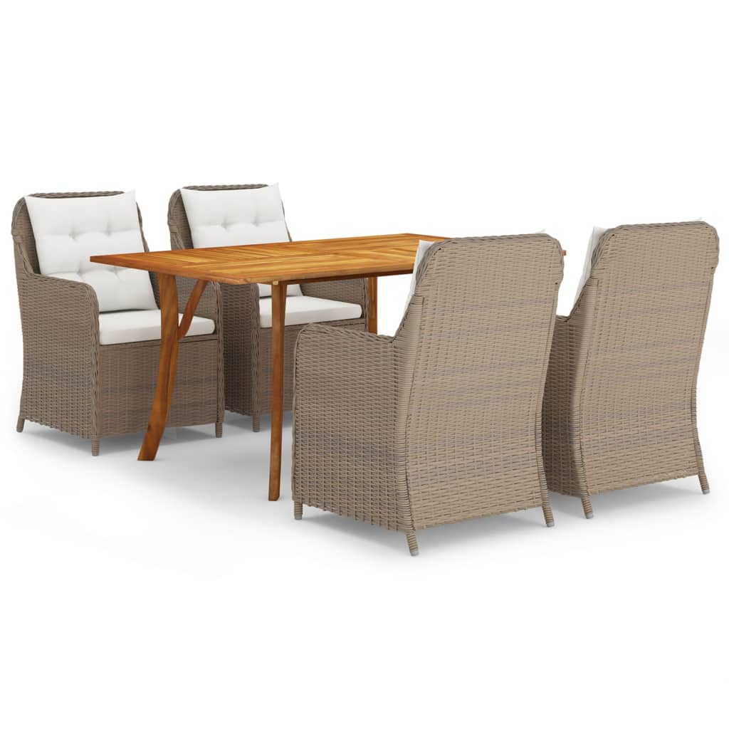Set mobilier de exterior cu 5 piese masa cu fotolii cu salteuta, vidaXL, Ratan-Lemn, 150 x 90 x 75 cm, Maro deschis-perne crem