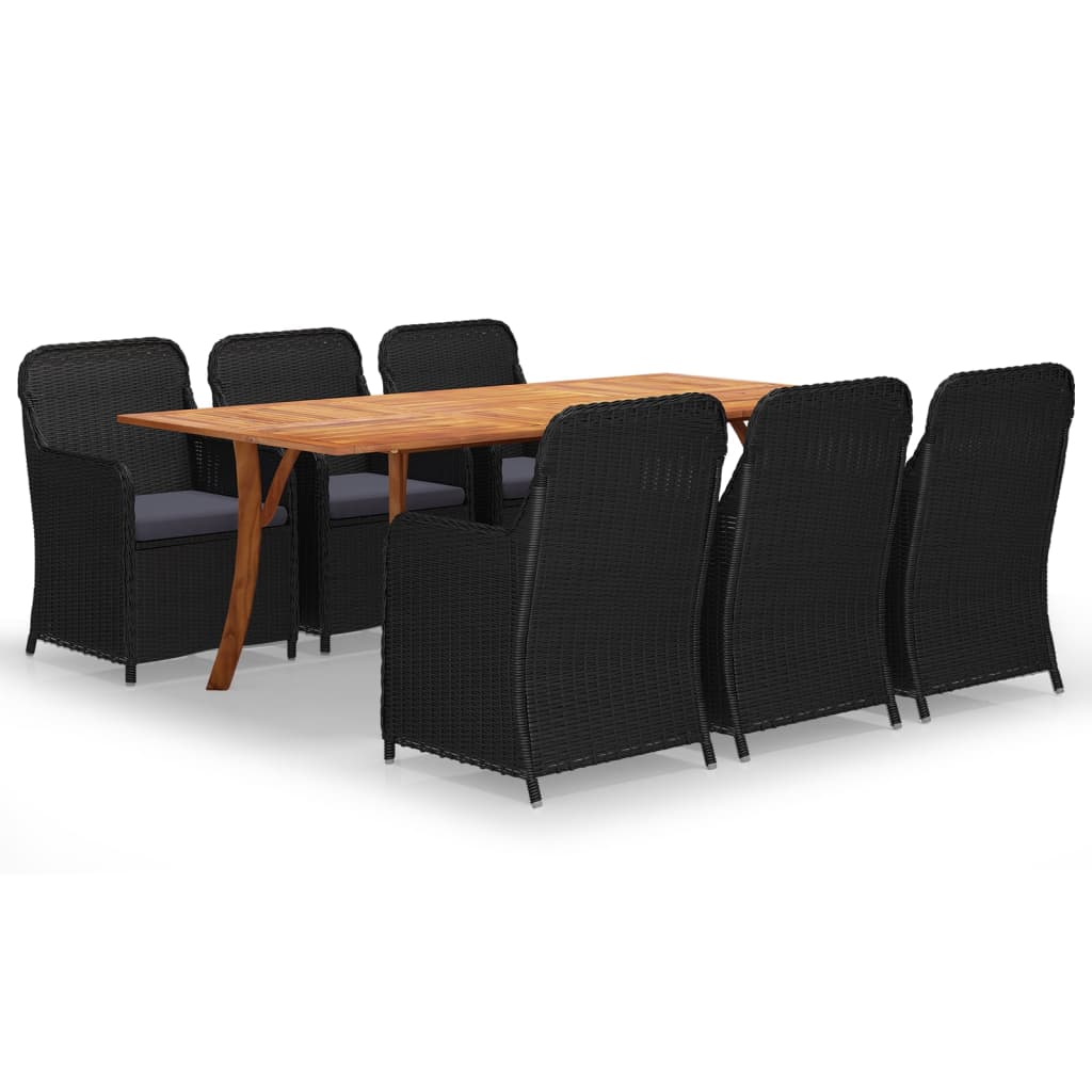 Set mobilier de gradina cu 7 piese masa cu fotolii cu perna sezut, vidaXL, Ratan-Lemn masiv de acacia finisaj ulei, 201,5 x 100 x 75 cm, Negru-Maro