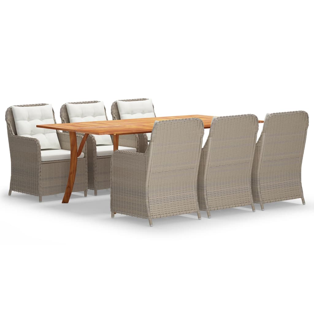 Set mobilier de gradina cu 7 piese masa cu fotolii cu salteluta, vidaXL, Ratan-Lemn masiv de acacia finisaj ulei, 201,5 x 100 x 75 cm, Maro