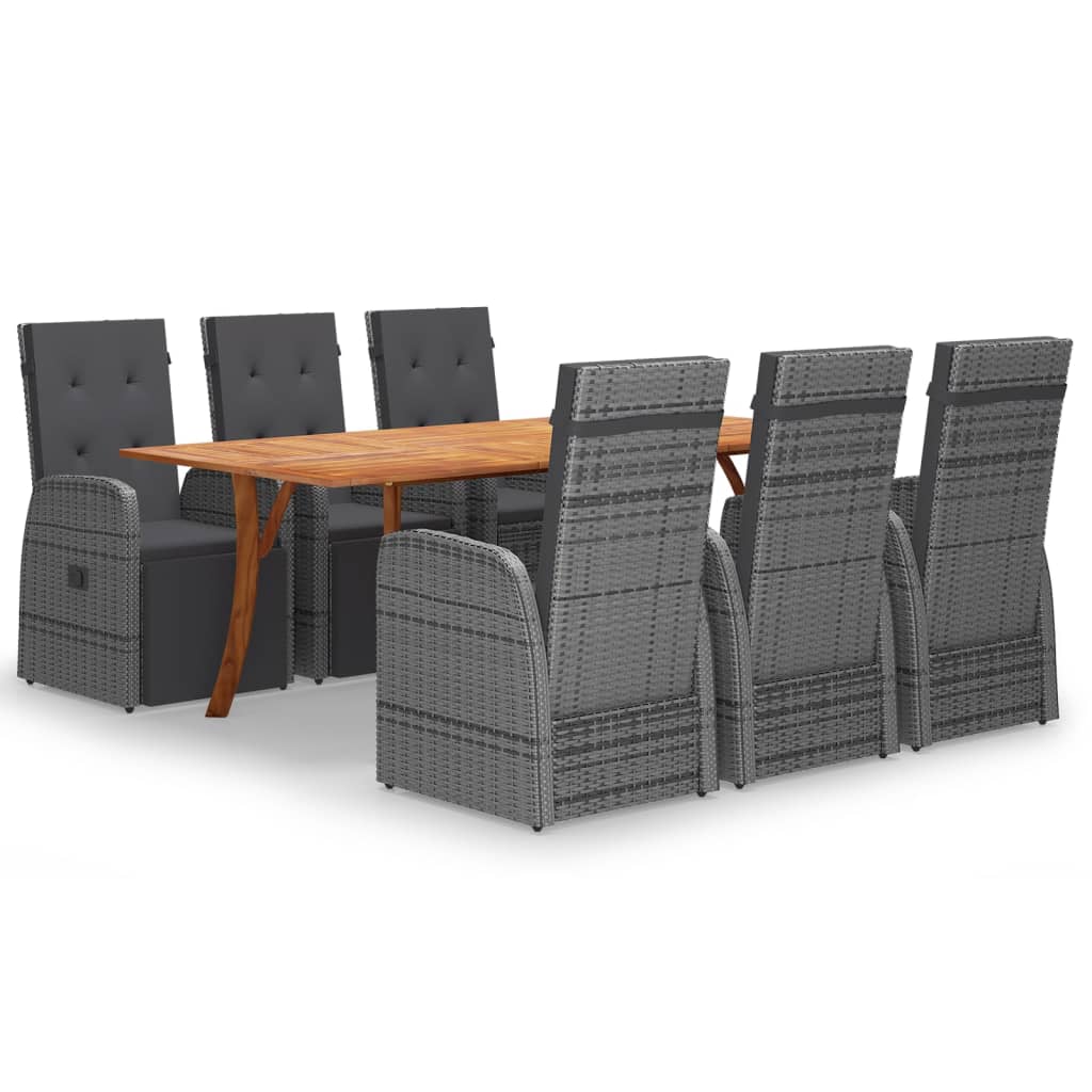 Set mobilier de exterior 5 piese masa cu fotolii reglabile cu salteluta, vidaXL, Ratan-Lemn masiv -Otel, 150 x 90 x 75 cm, Gri deschis - masa maro