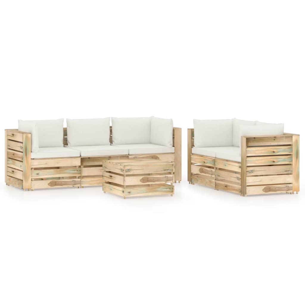 Set mobilier de gradina canapele cu spatar masuta si perne 6 piese, vidaXL, Lemn de pin verde tratat, Maro/Perne crem
