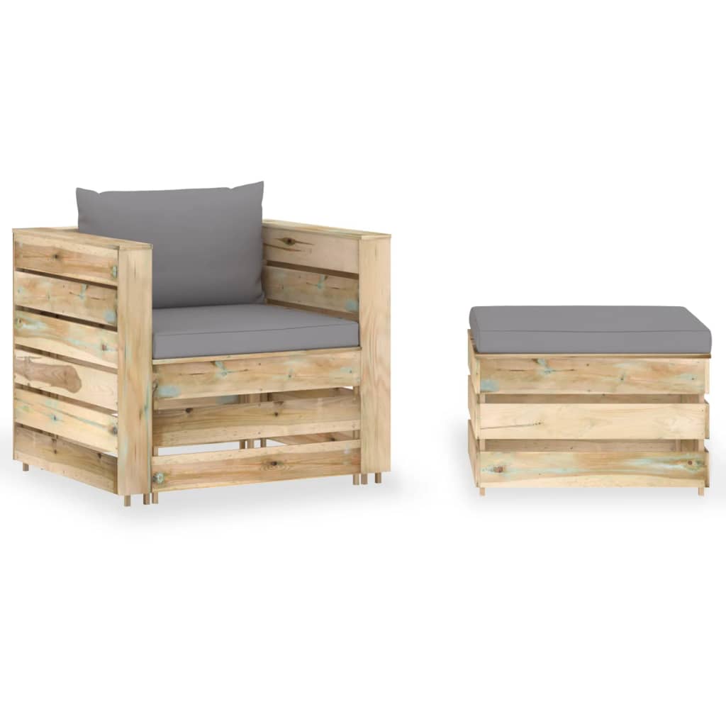 Set mobilier gradina fotoliu cu masuta si perne 2 perne, vidaXL, Lemn de pin verde tratat, Maro/Perne gri