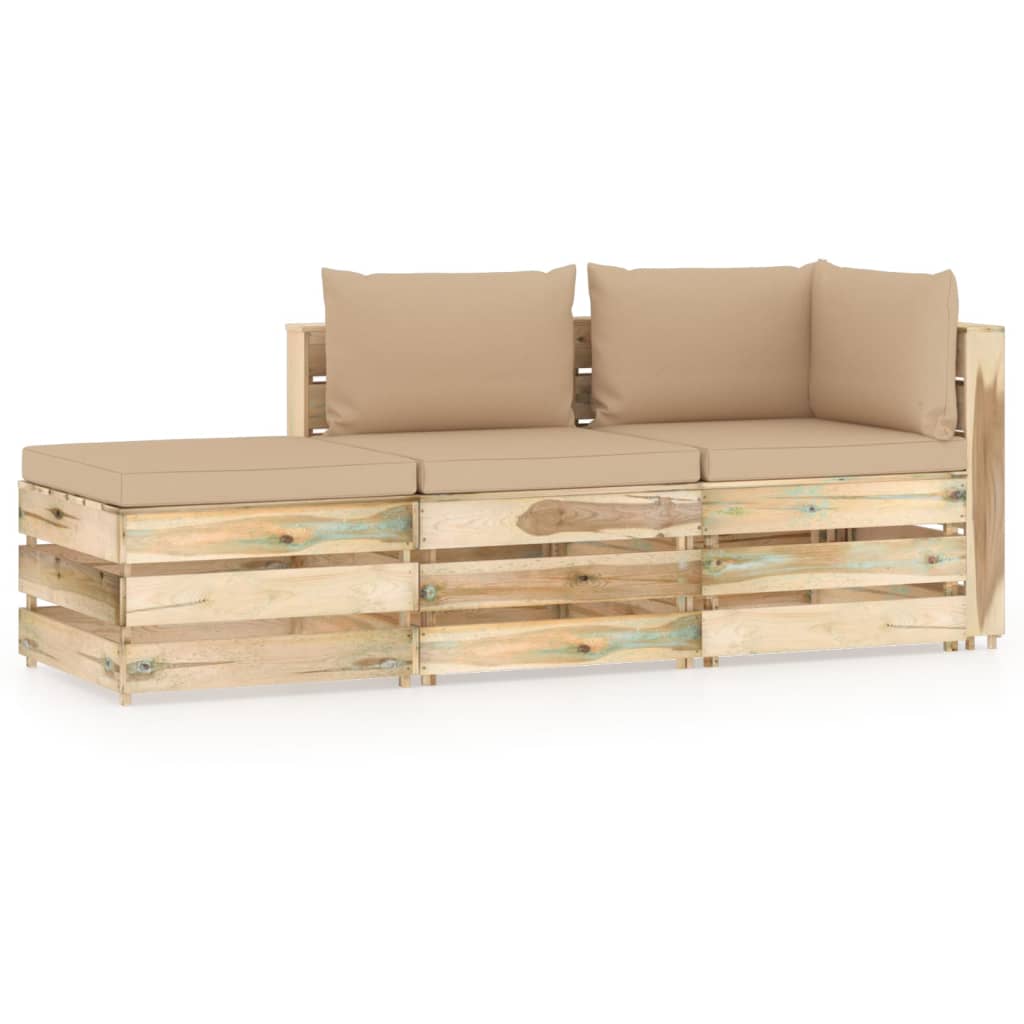 Set mobilier de gradina canapea cu perne 3 piese, vidaXL, Lemn de pin verde tratat, Maro/Perne bej