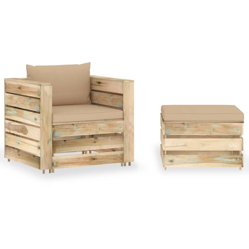 Set mobilier gradina fotoliu cu masuta si perne 2 perne, vidaXL, Lemn de pin verde tratat, Maro/Perne bej
