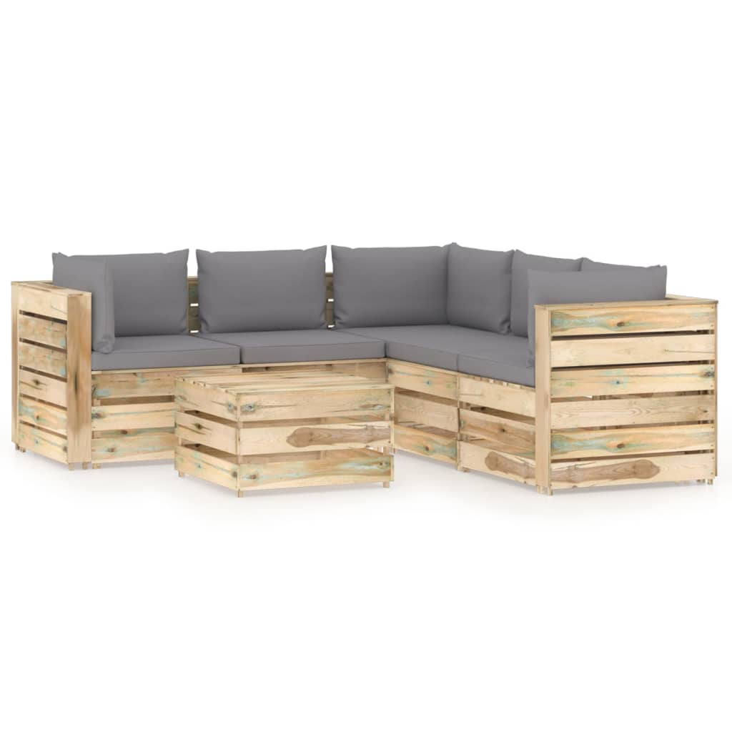 Set mobilier de gradina canapea L cu spatar masuta si perne 6 piese, vidaXL, Lemn de pin verde tratat, Maro/Perne gri deschis