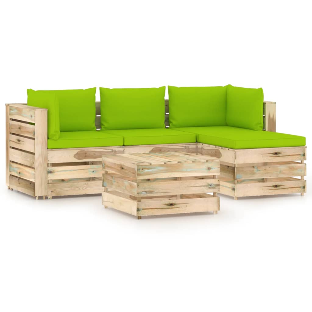 Set mobilier de gradina canapea L cu spatar masuta si perne 5 piese, vidaXL, Lemn de pin verde tratat, Maro/Perne verde aprins