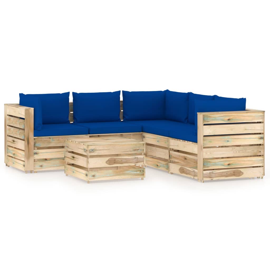 Set mobilier de gradina canapea L cu spatar masuta si perne 6 piese, vidaXL, Lemn de pin verde tratat, Maro/Perne albastru