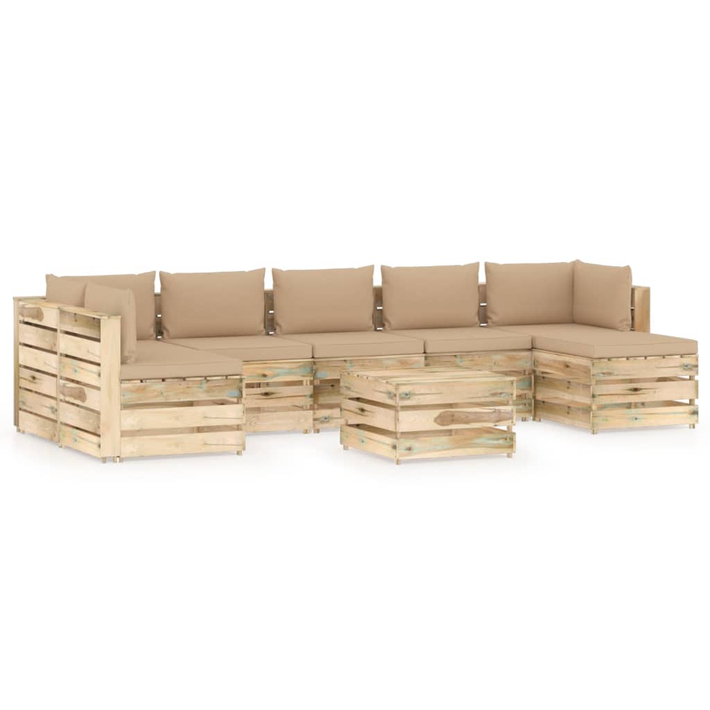 Set mobilier de gradina canapea in U cu spatar masuta si perne 7 piese, vidaXL, Lemn de pin verde tratat, Maro/Perne bej