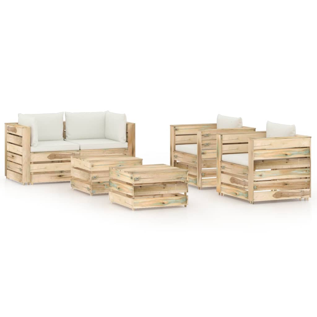 Set mobilier gradina canapea fotolii si masuta cu perne 6 piese, vidaXL, Lemn de pin tratat, Maro/Perne crem