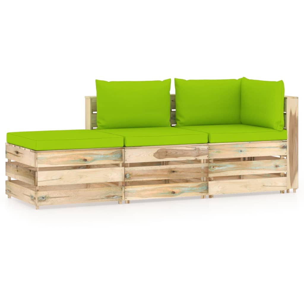 Set mobilier de gradina canapea cu perne 3 piese, vidaXL, Lemn de pin verde tratat, Maro/Perne verde aprins