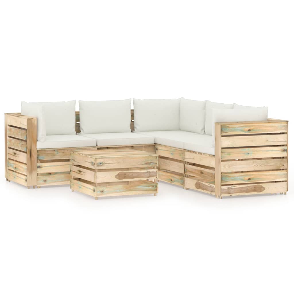Set mobilier de gradina canapea L cu spatar masuta si perne 6 piese, vidaXL, Lemn de pin verde tratat, Maro/Perne crem