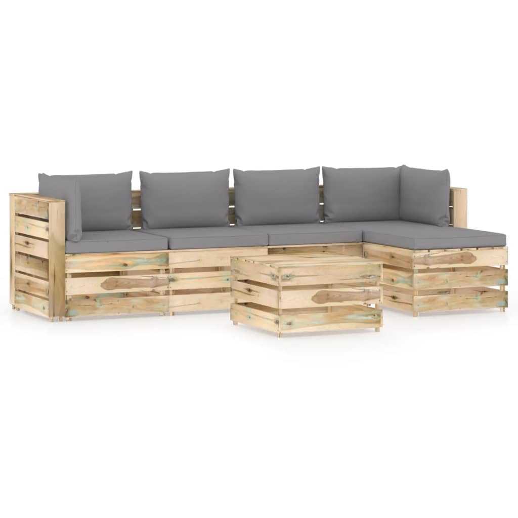 Set mobilier de gradina canapea L cu spatar masuta si perne 6 piese, vidaXL, Lemn de pin verde tratat, Maro/Perne gri deschis，