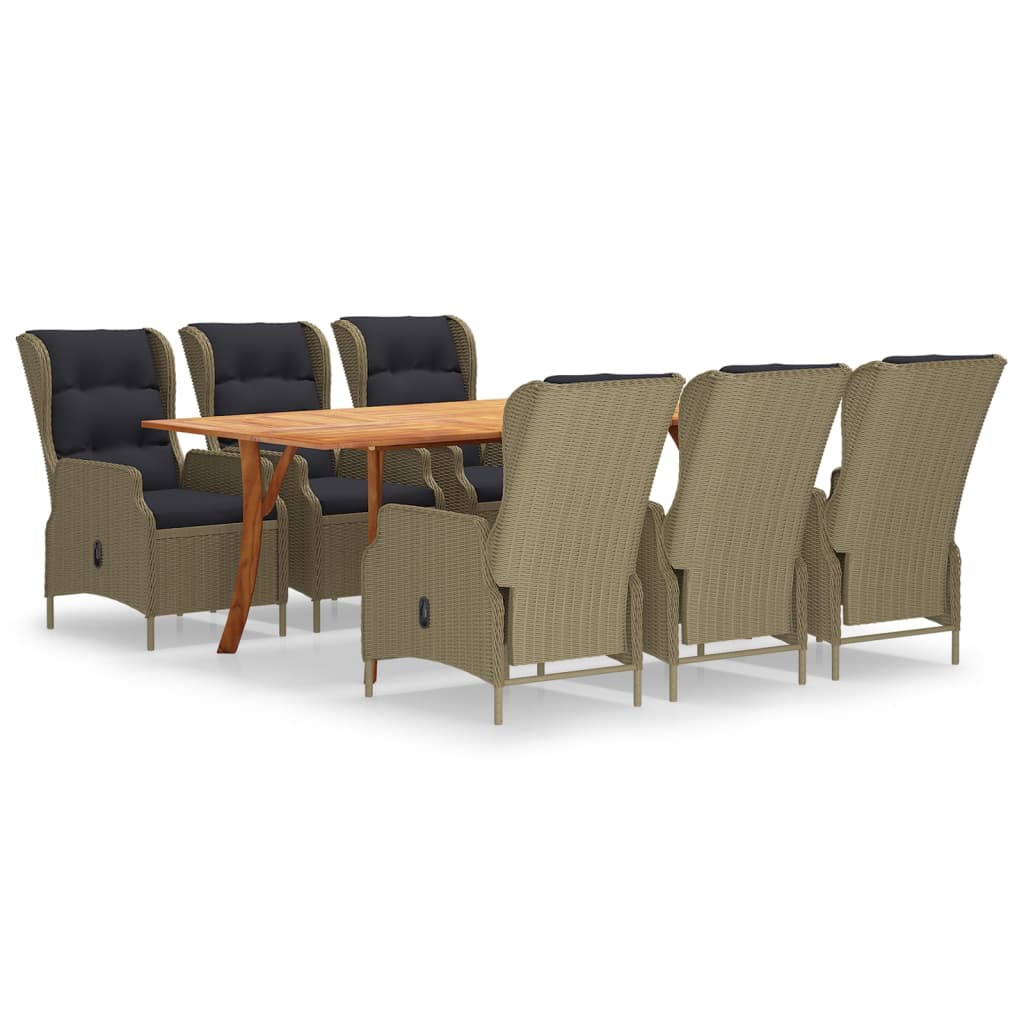 Set mobilier de gradina 7 piese masa cu fotolii cu spatar rabatabil, vidaXL, Ratan-Lemn, 201,5 x 100 x 75 cm, Maro