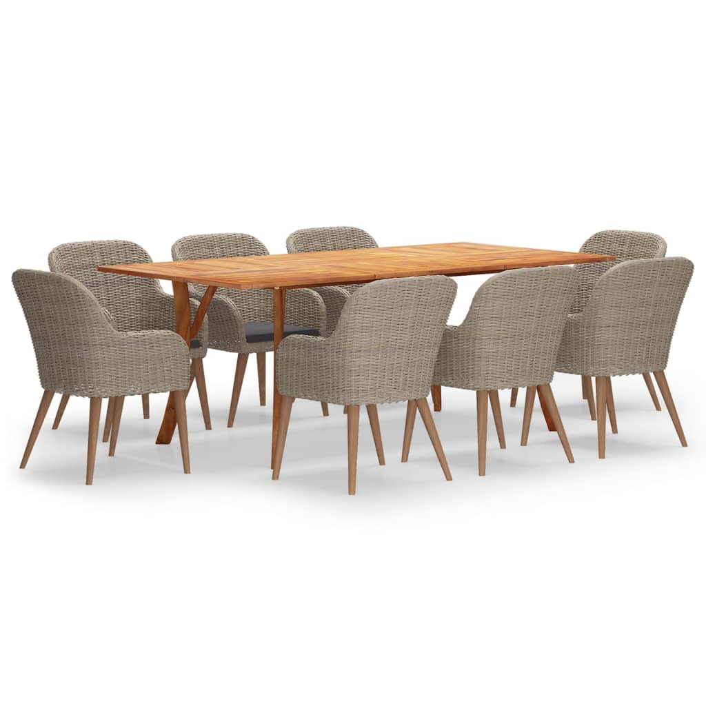Set mobilier de gradina cu 9 piese masa cu scaune, vidaXL, Ratan-Lemn masiv de acacia finisaj ulei, 201,5 x 100 x 75 cm, Maro