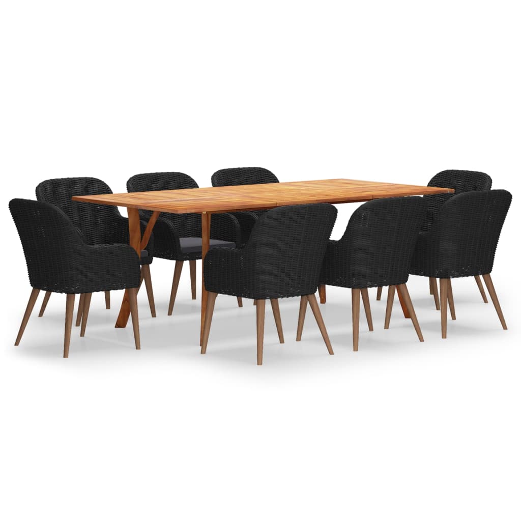 Set mobilier de gradina cu 9 piese masa cu scaune, vidaXL, Ratan-Lemn masiv de acacia finisaj ulei, 201,5 x 100 x 75 cm, Negru