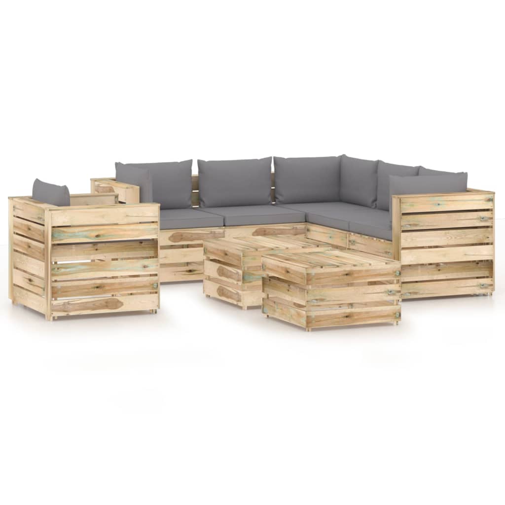 Set mobilier gradina canapea in L cu fotoliu si masuta 8 piese, vidaXL, Lemn de pin tratat, Maro/Perne Gri