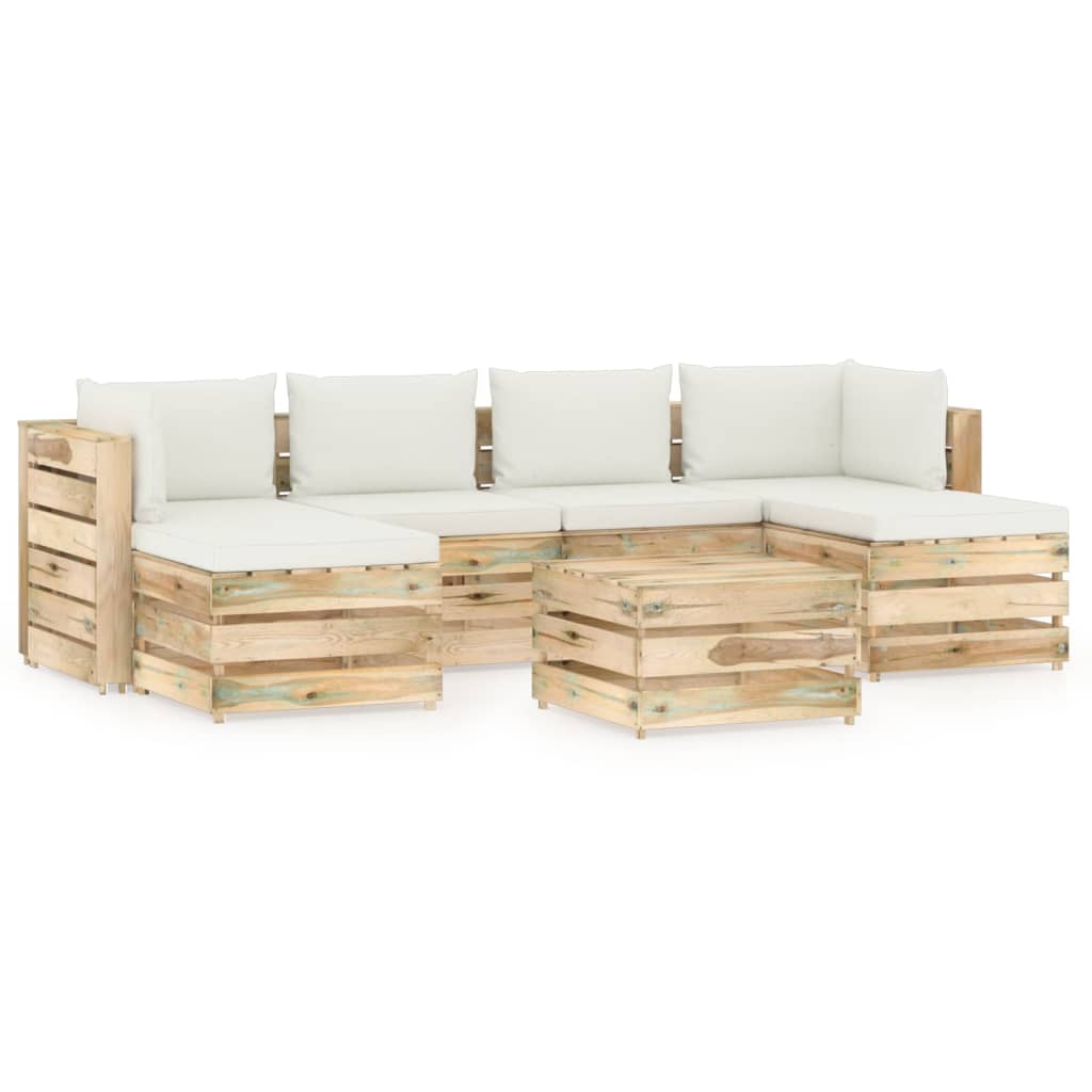 Set mobilier de gradina canapea in U cu spatar masuta si perne 7 piese, vidaXL, Lemn de pin verde tratat, Maro/Perne crem