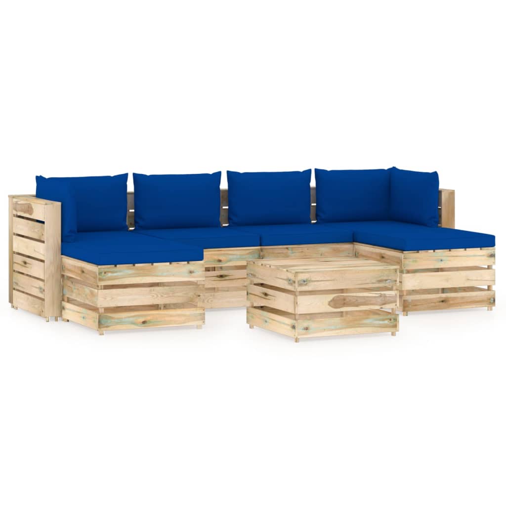 Set mobilier de gradina canapea in U cu spatar masuta si perne 7 piese, vidaXL, Lemn de pin verde tratat, Maro/Perne albastru regal