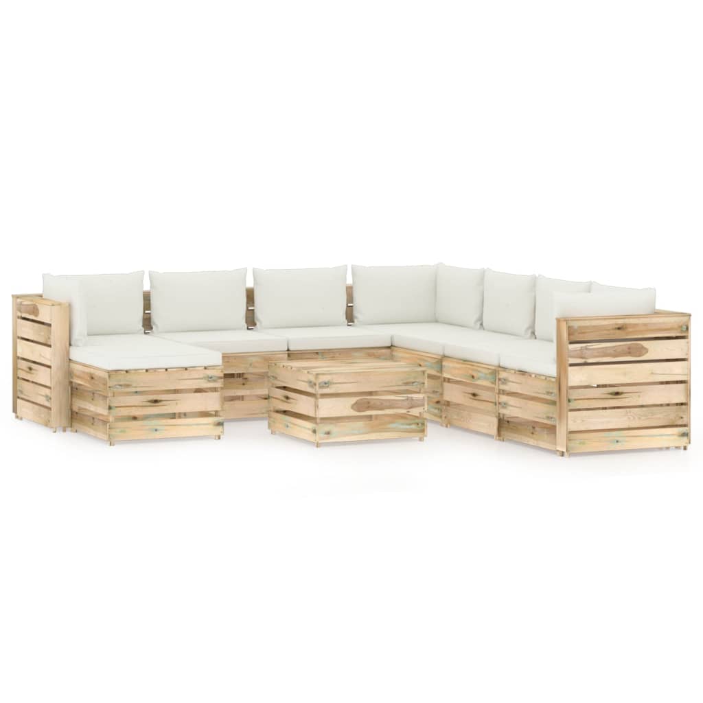 Set mobilier de gradina canapea U cu spatar masuta si perne 9 piese, vidaXL, Lemn de pin verde tratat, Maro/Perne crem