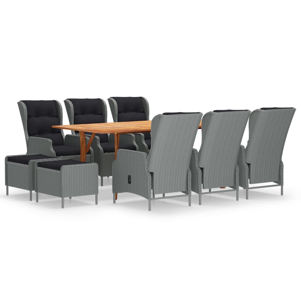 Set mobilier de gradina 7 piese masa cu fotolii cu spatar rabatabil si 2 tabureti, vidaXL, Ratan-Lemn, 201,5 x 100 x 75 cm, Gri deschis