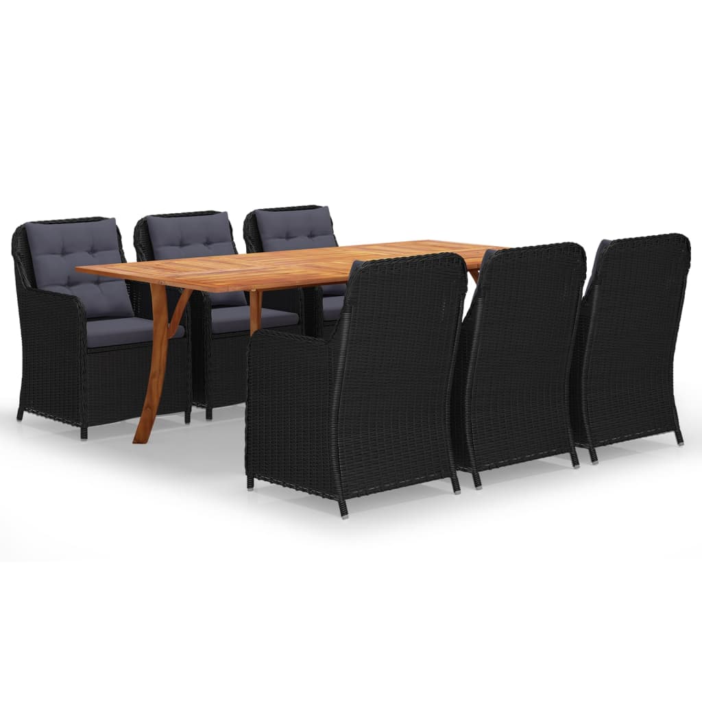 Set mobilier de gradina cu 7 piese masa cu fotolii cu salteluta, vidaXL, Ratan-Lemn masiv de acacia finisaj ulei, 201,5 x 100 x 75 cm, Negru