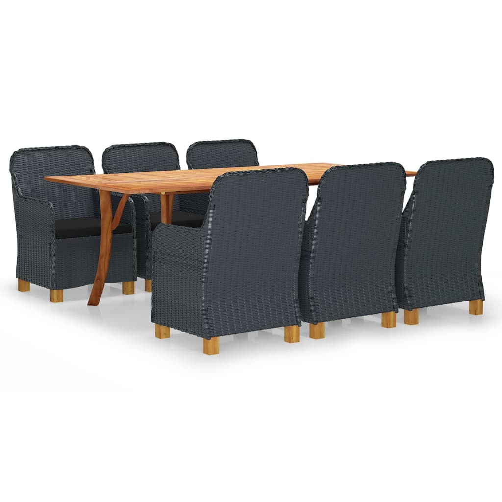 Set mobilier de gradina 7 piese masa cu fotolii cu perna sezut, vidaXL, Lemn-Ratan, 201,5 x 100 x 75 cm, Gri inchis
