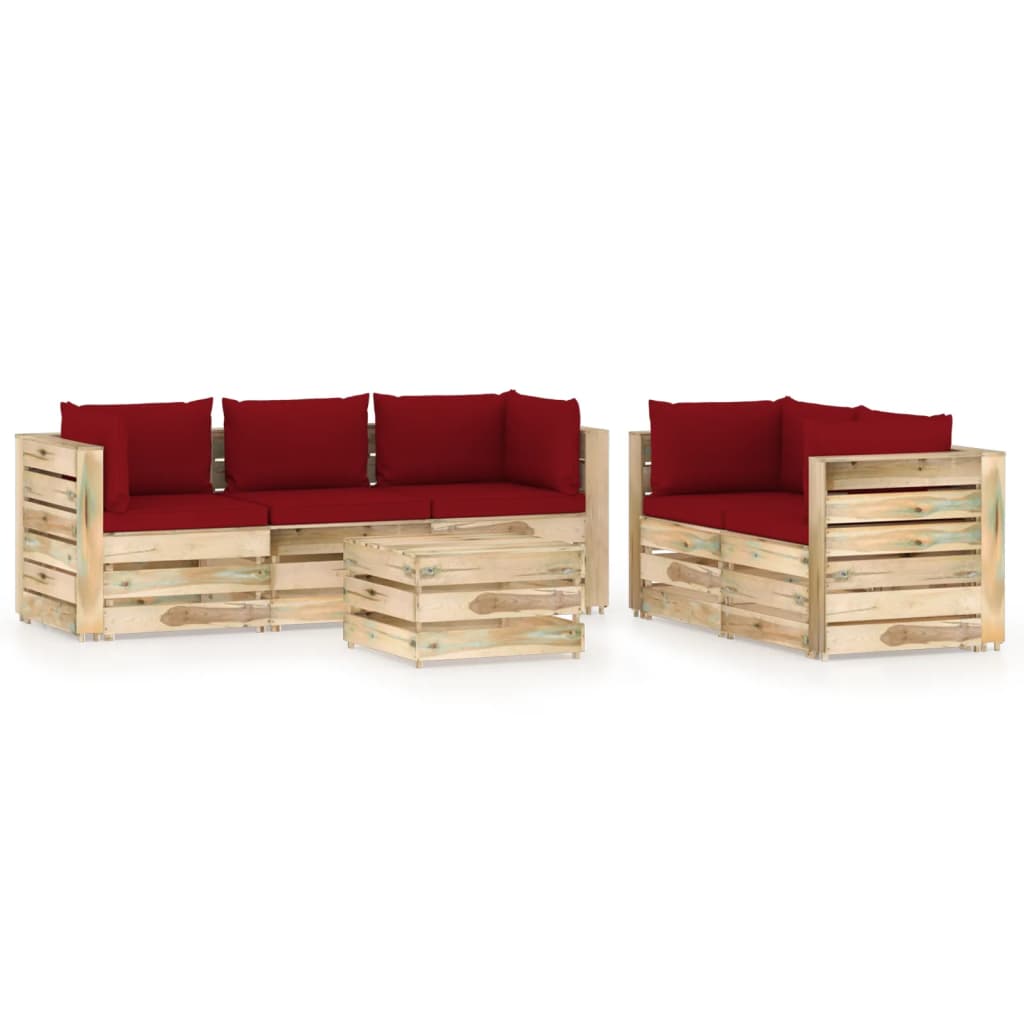 Set mobilier de gradina canapele cu spatar masuta si perne 6 piese, vidaXL, Lemn de pin verde tratat, Maro/Perne grena