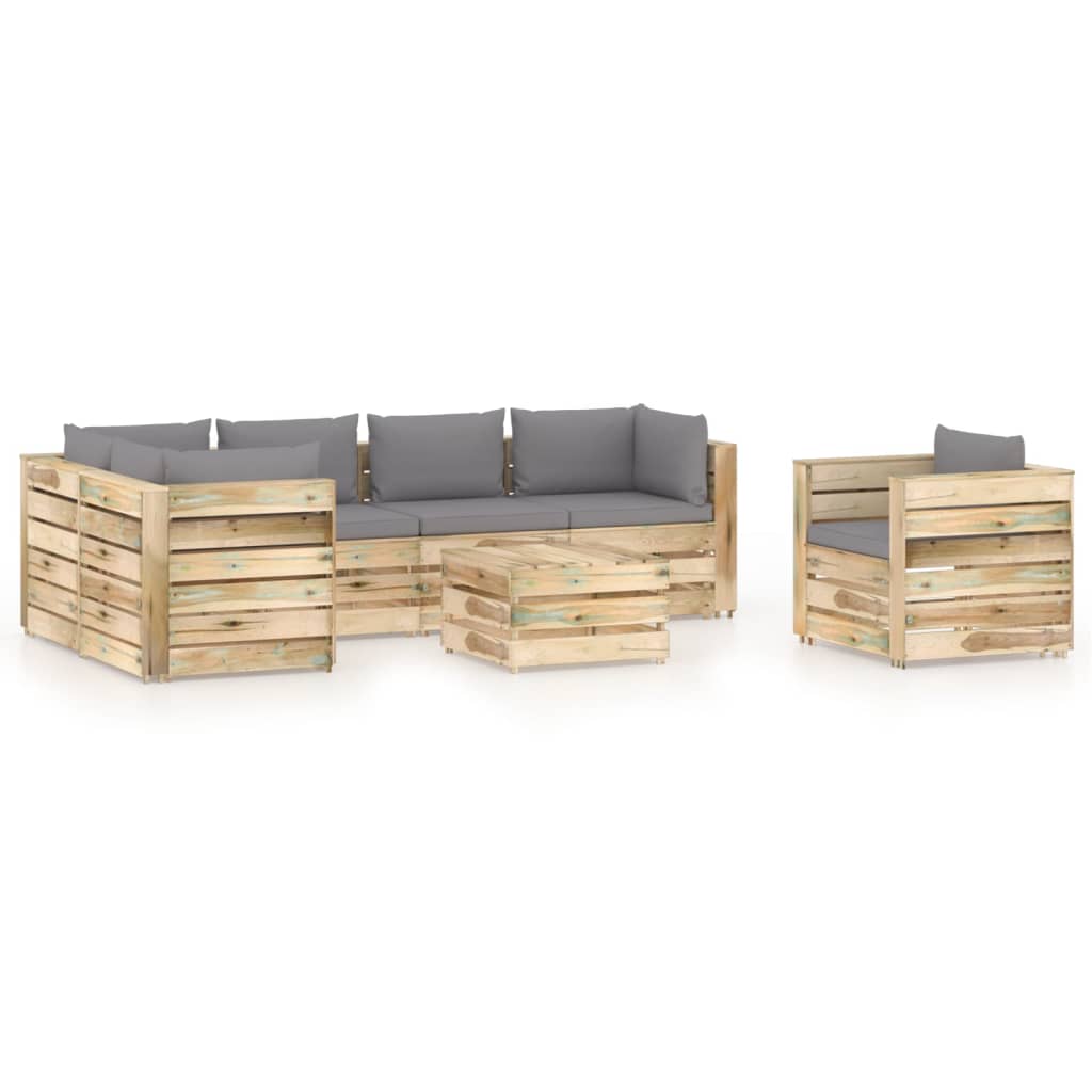 Set mobilier gradina canapea L fotoliu si masuta cu perne 7 piese, vidaXL, Lemn de pin tratat, Maro/Perne gri deschis