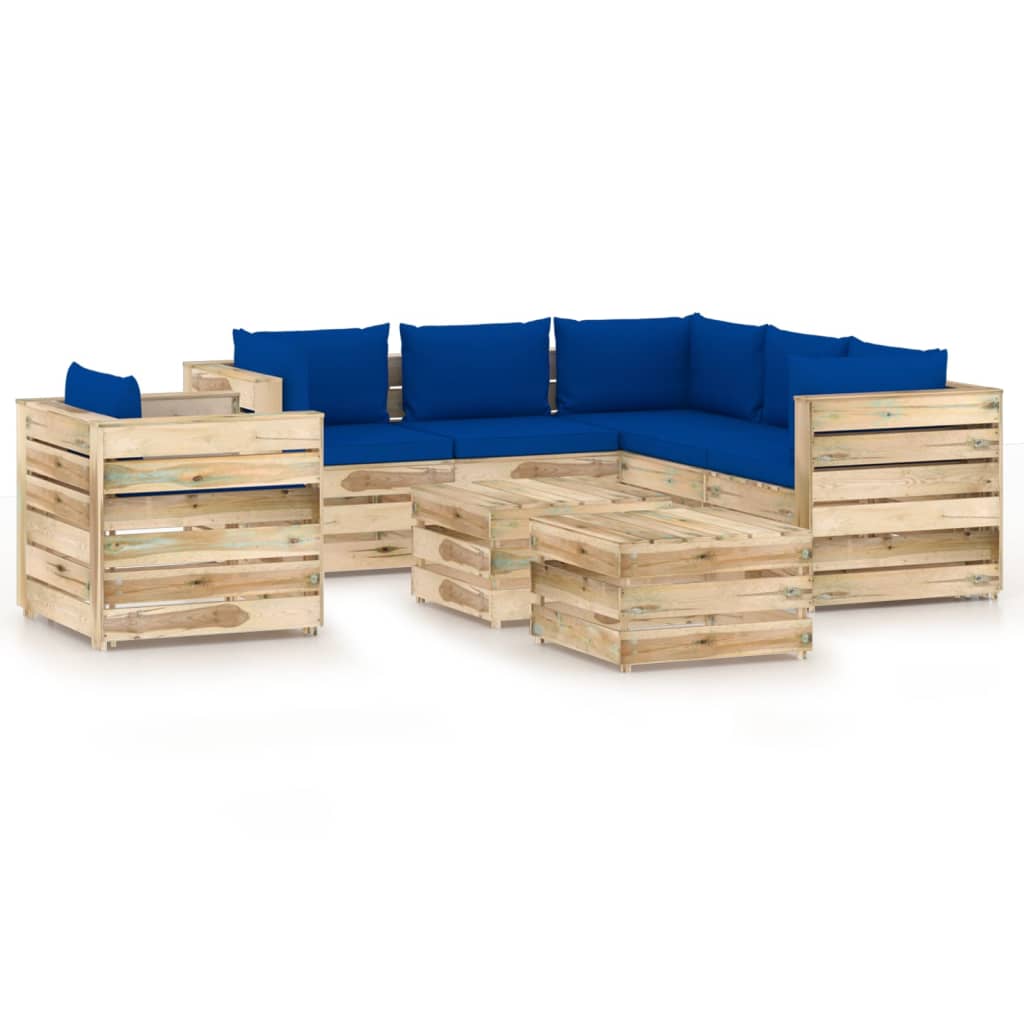 Set mobilier gradina canapea in L cu fotoliu si masuta 8 piese, vidaXL, Lemn de pin tratat, Maro/Perne Albastru