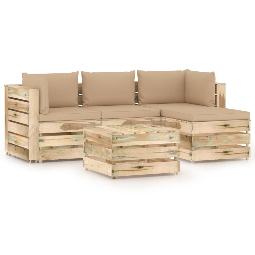 Set mobilier de gradina canapea L cu spatar masuta si perne 5 piese, vidaXL, Lemn de pin verde tratat, Maro/Perne bej