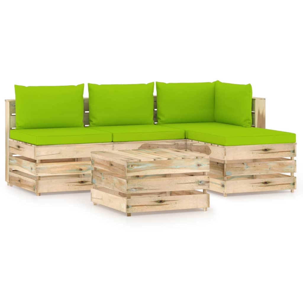 Set mobilier de gradina canapea L cu masuta si perne 5 piese, vidaXL, Lemn de pin verde tratat, Maro/Perne verde aprins