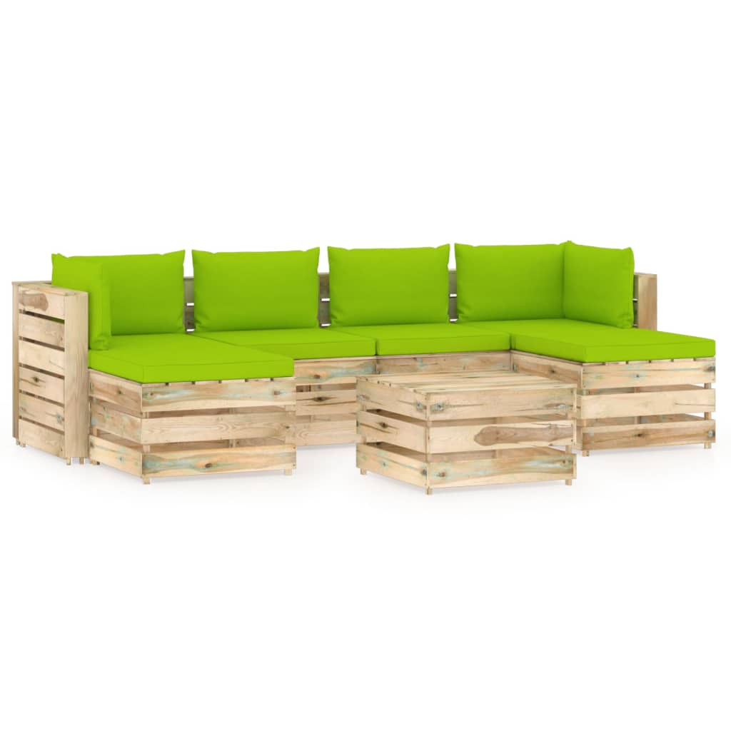 Set mobilier de gradina canapea in U cu spatar masuta si perne 7 piese, vidaXL, Lemn de pin verde tratat, Maro/Perne verde aprins