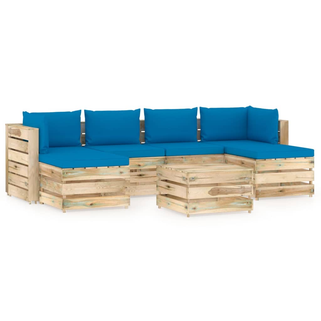 Set mobilier de gradina canapea in U cu spatar masuta si perne 7 piese, vidaXL, Lemn de pin verde tratat, Maro/Perne albastru