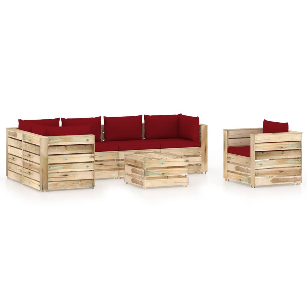Set mobilier gradina canapea L fotoliu si masuta cu perne 7 piese, vidaXL, Lemn de pin tratat, Maro/Perne grena