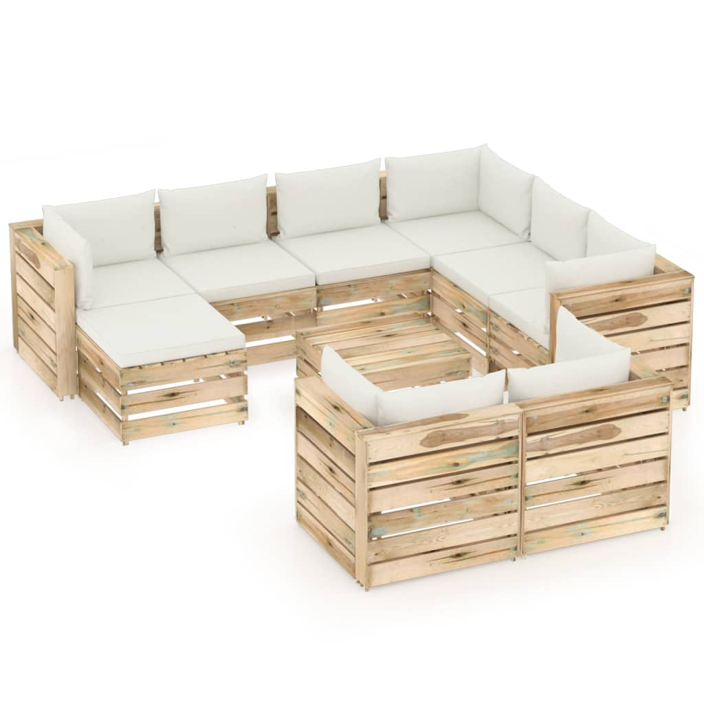 Set mobilier de gradina canapele cu spatar masuta si perne 10 piese, vidaXL, Lemn de pin verde tratat, Maro/Perne crem
