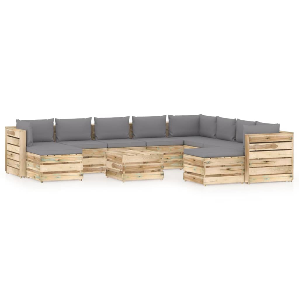Set mobilier de gradina canapea cu masuta 11 piese, vidaXL, Lemn de pin verde tratat, Maro/Perne gri