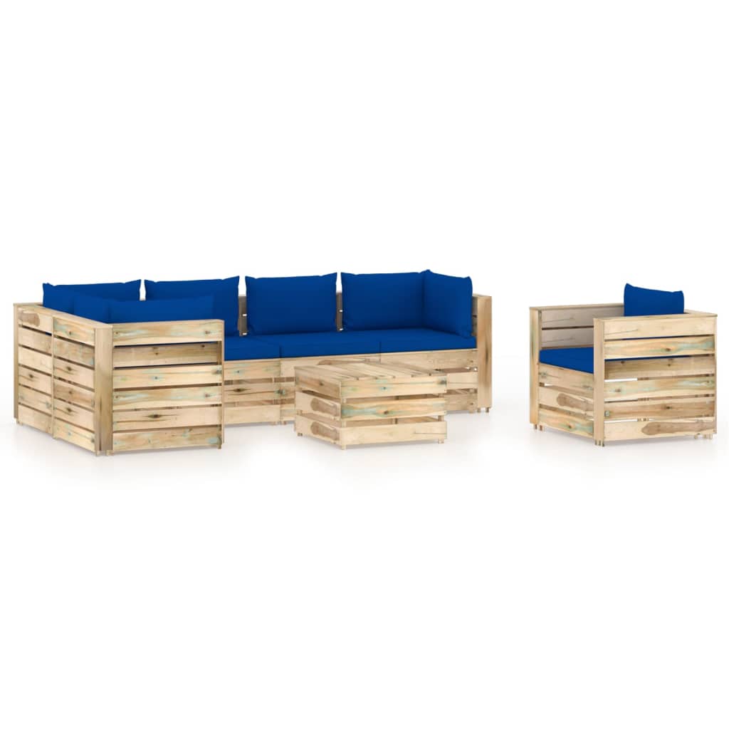 Set mobilier gradina canapea L fotoliu si masuta cu perne 7 piese, vidaXL, Lemn de pin tratat, Maro/Perne albastru