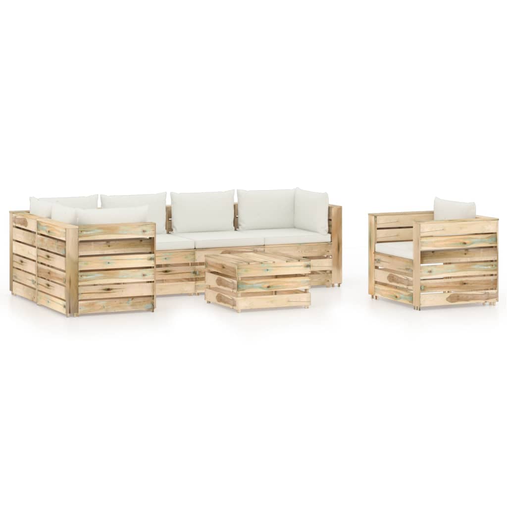 Set mobilier gradina canapea L fotoliu si masuta cu perne 7 piese, vidaXL, Lemn de pin tratat, Maro/Perne crem
