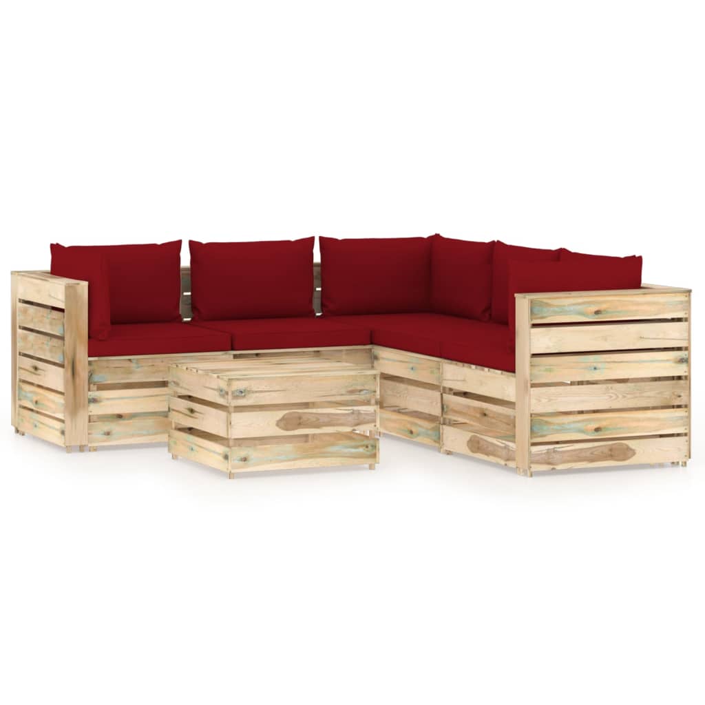 Set mobilier de gradina canapea L cu spatar masuta si perne 6 piese, vidaXL, Lemn de pin verde tratat, Maro/Perne grena