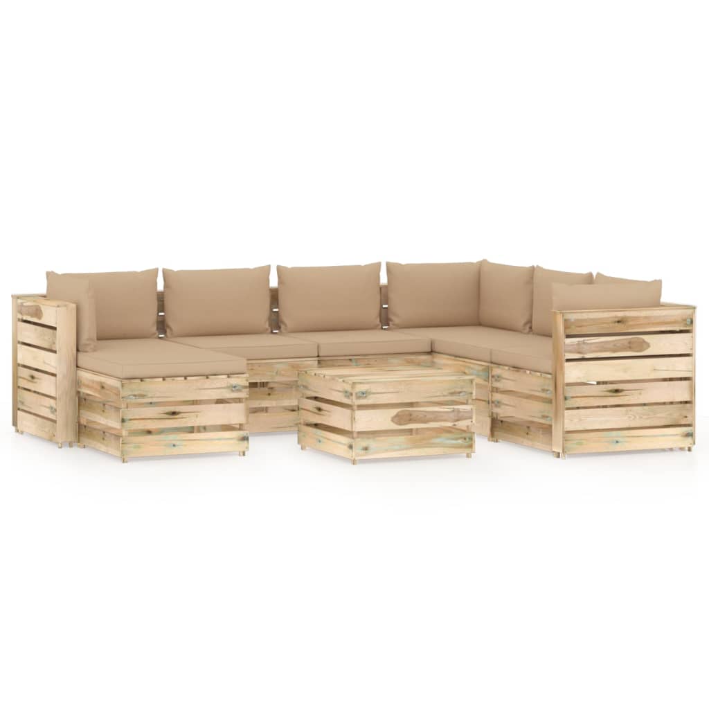 Set mobilier de gradina canapea U cu spatar masuta si perne 8 piese, vidaXL, Lemn de pin verde tratat, Maro/Perne bej