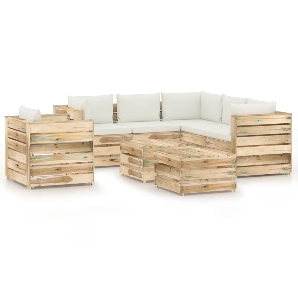 Set mobilier gradina canapea in L cu fotoliu si masuta 8 piese, vidaXL, Lemn de pin tratat, Maro/Perne Crem