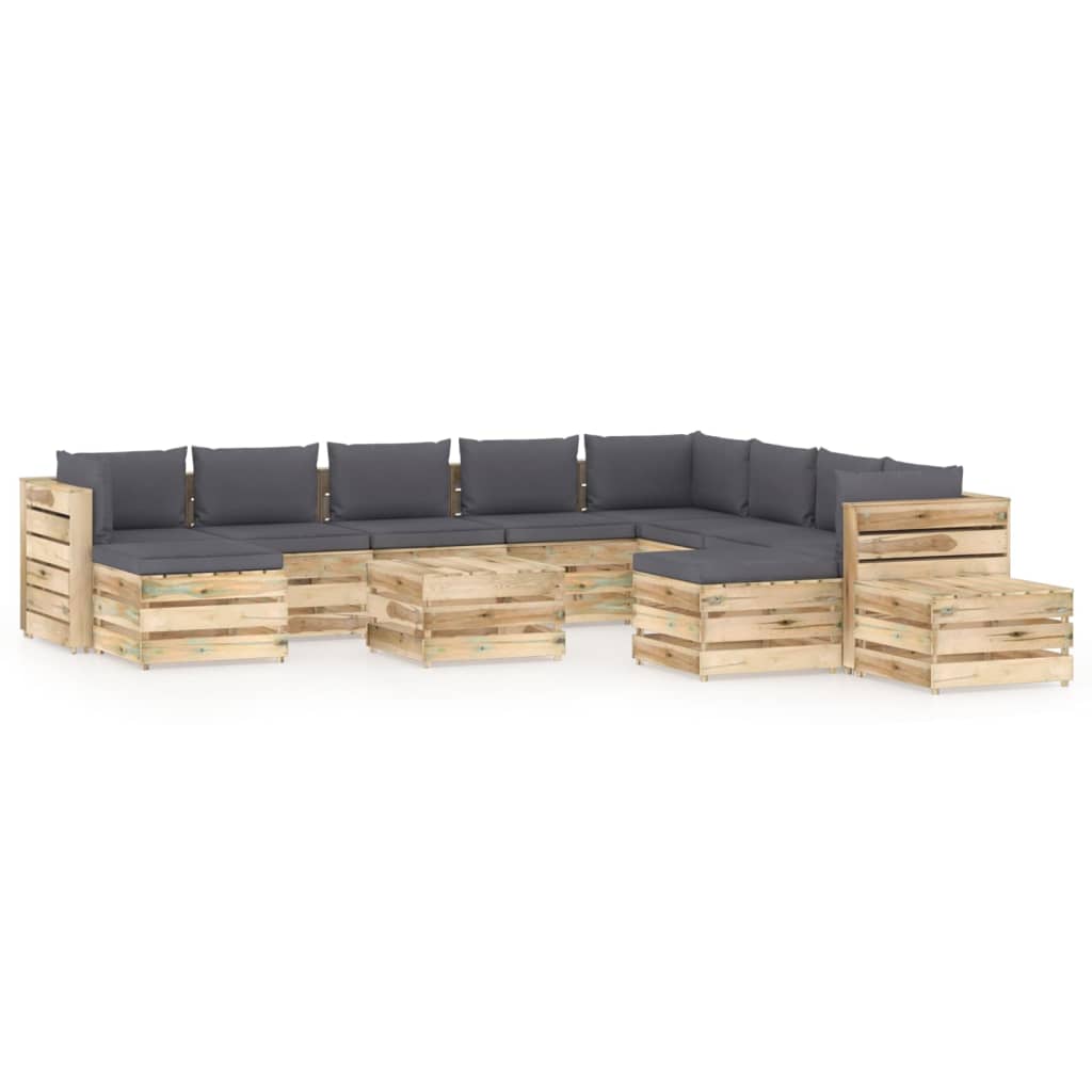 Set mobilier de gradina canapea cu masuta 12 piese, vidaXL, Lemn de pin verde tratat, Maro/Perne antracit