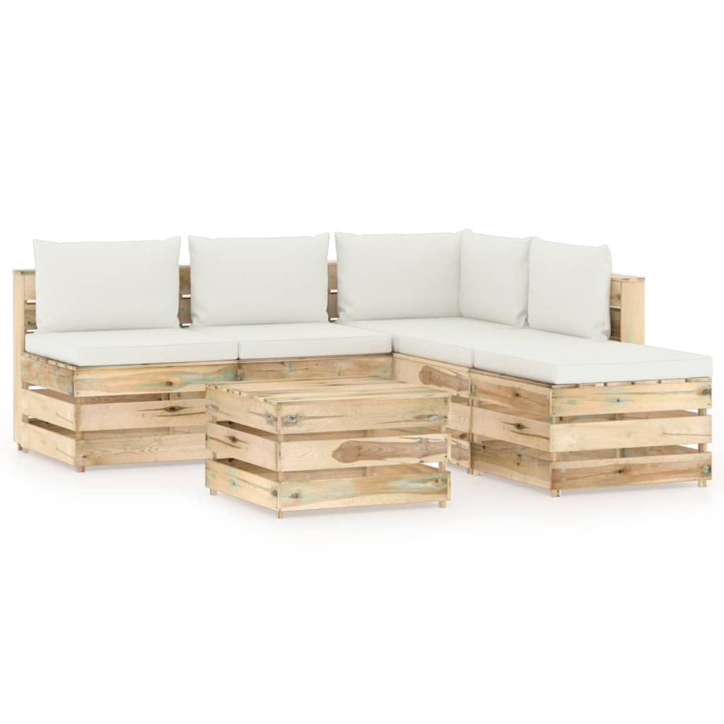 Set mobilier de gradina canapea in L cu spatar masuta si perne 6 piese, vidaXL, Lemn de pin verde tratat, Maro/Perne crem