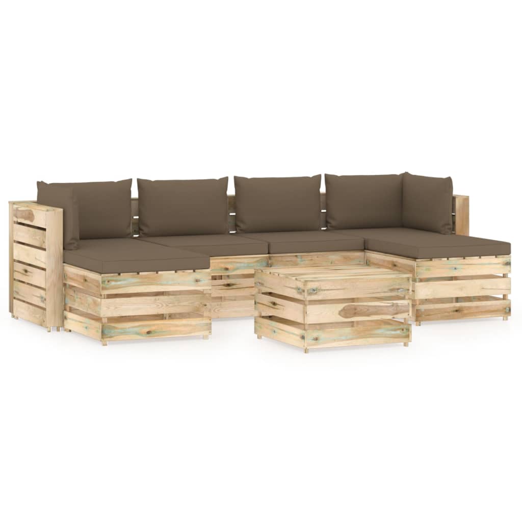 Set mobilier de gradina canapea in U cu spatar masuta si perne 7 piese, vidaXL, Lemn de pin verde tratat, Maro/Perne gri taupe